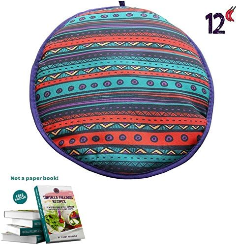 Tortilla Warmer 12 Inch Insulated Cloth Food Warmer with Free Tortilla &amp; Taco Fillings Recipes eBook - Microwavable Fabric Pouch to Keep Tortillas Warm and Soft for up to One Hour (Rocco)