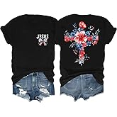Faith Cross Christian T-Shirt with Boho Floral Cross Print Short Sleeve Casual Graphic Tee for Women
