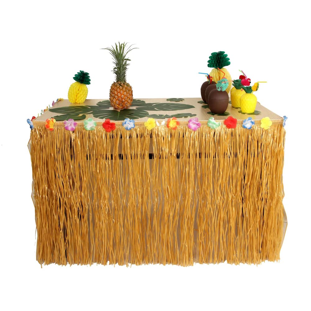 Uposao Hawaiian Luau Table Skirt, Hawaiian Hibiscus Grass Table Skirt With Faux Silk Flowers Hawaiian Party Decoration Kit For BBQ Tropical Garden Beach Summer Party Decorations