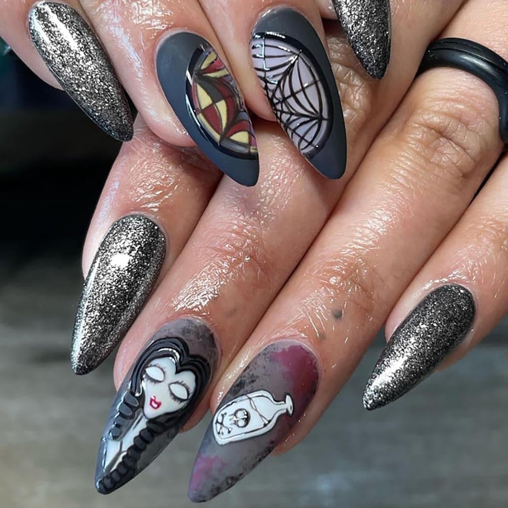 Carufin 24 Pcs Halloween Spider Web Dark Frosted False Nails Zombie Bride Pointed Tip Fake Nails Press On False Nails