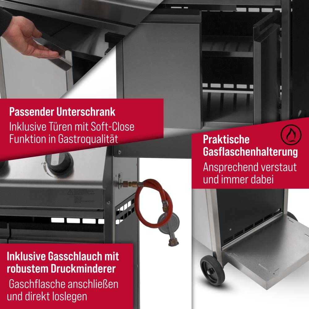 Schickling Gasgrill "Henry L - Deluxe" Edelstahlgrill Grillwagen mit Unterschrank, Doppelwandigem Deckel, 3 Brenner, 800 Grad Seitenbrenner & 3-teiligem Grillrost - Made in Germany 9