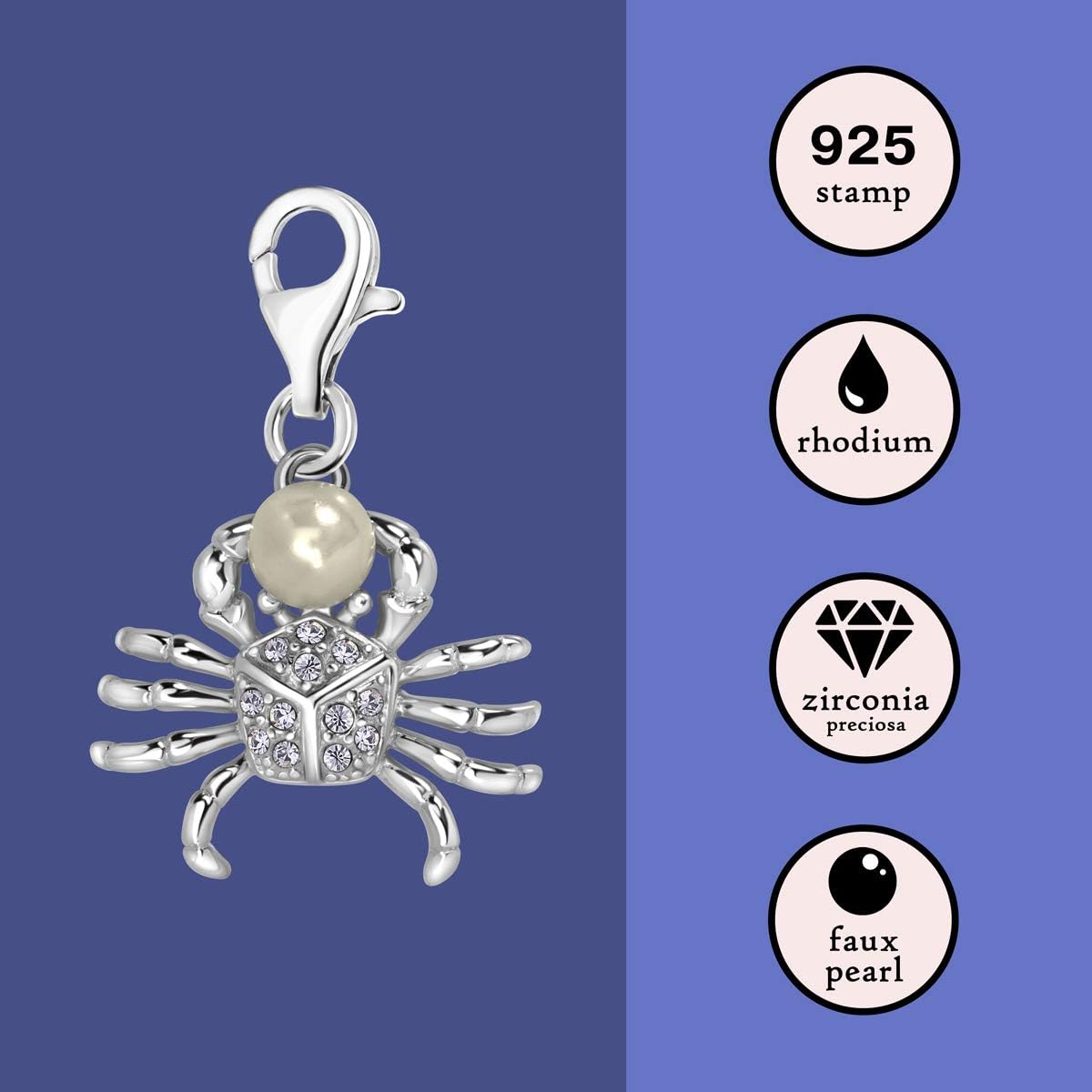 Quiges 925 Sterling Silver White Cubic Zirconia and Imitation Pearl 3D Ocean Crab Lobster Clasp Charm Clip on Pendant - Image 4