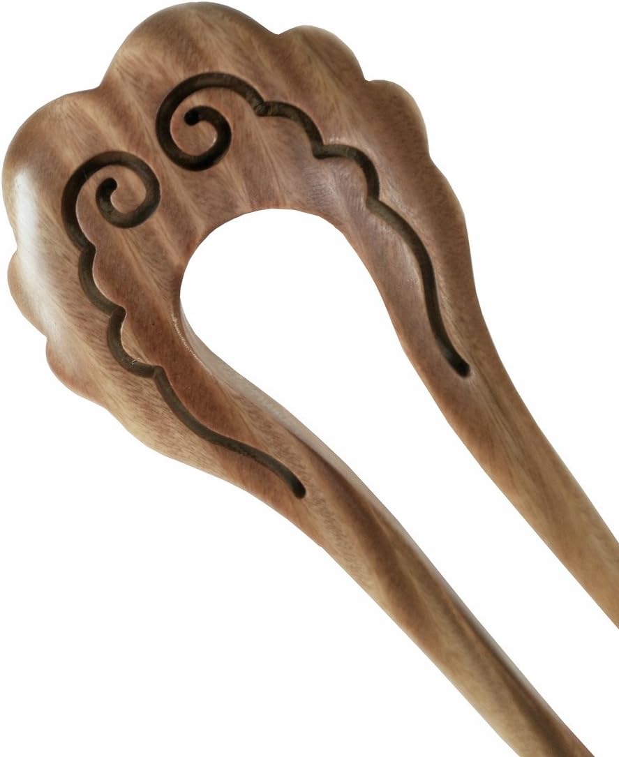 FINGER LOVE Handmade Carved Wood 2-Prong Vintage Style Hair Stick Smile (Green Sandalwood)