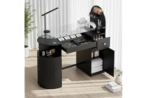 HOLAINAIL Manicure Table Nail Station with Tempered Glass Top, Professional Nail Tech Desk with Storage Cabinet & Drawer, Acetone Resistant, for Nail Beauty Salon Workstation(Black)