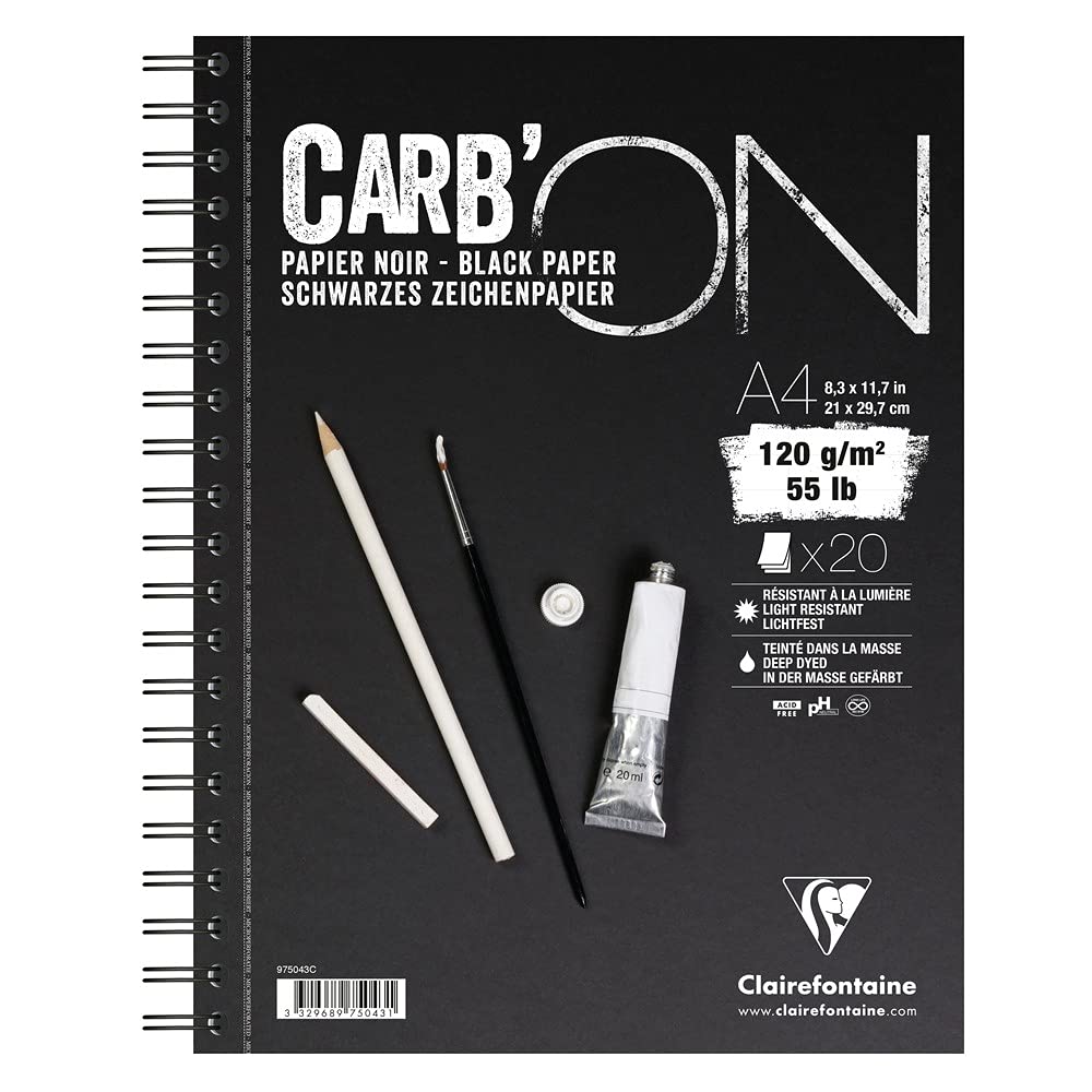 Clairefontaine - Ref 975043C - Carb'On Black Wirebound Paper Pad (20 Sheets) - A4 (297 x 210mm) Sized, 120gsm Paper, Acid Free, pH Neutral - Suitable for Pencil, Felt Tip, Chalk