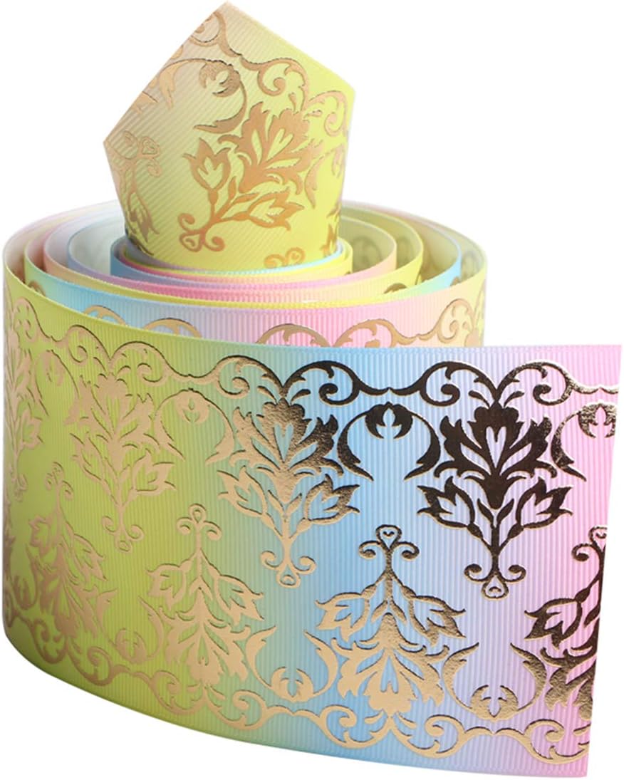 Gradient Rainbow Color Printed Grosgrain Ribbon 3" Wide 5 Yard for DIY Handmade Hair Bow Clip Accessories and Festival Wedding Party Birthday Bridal Shower Decoration (Elegant Gold Foil Flower)