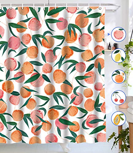 Lifeel Peach Shower Curtains, Allover Fruits Shower Curtain Cute Bright Colorful Design Waterproof Fabric Bathroom Shower Curtain Set with 12 Hooks, Peachy Pink 72"×72"