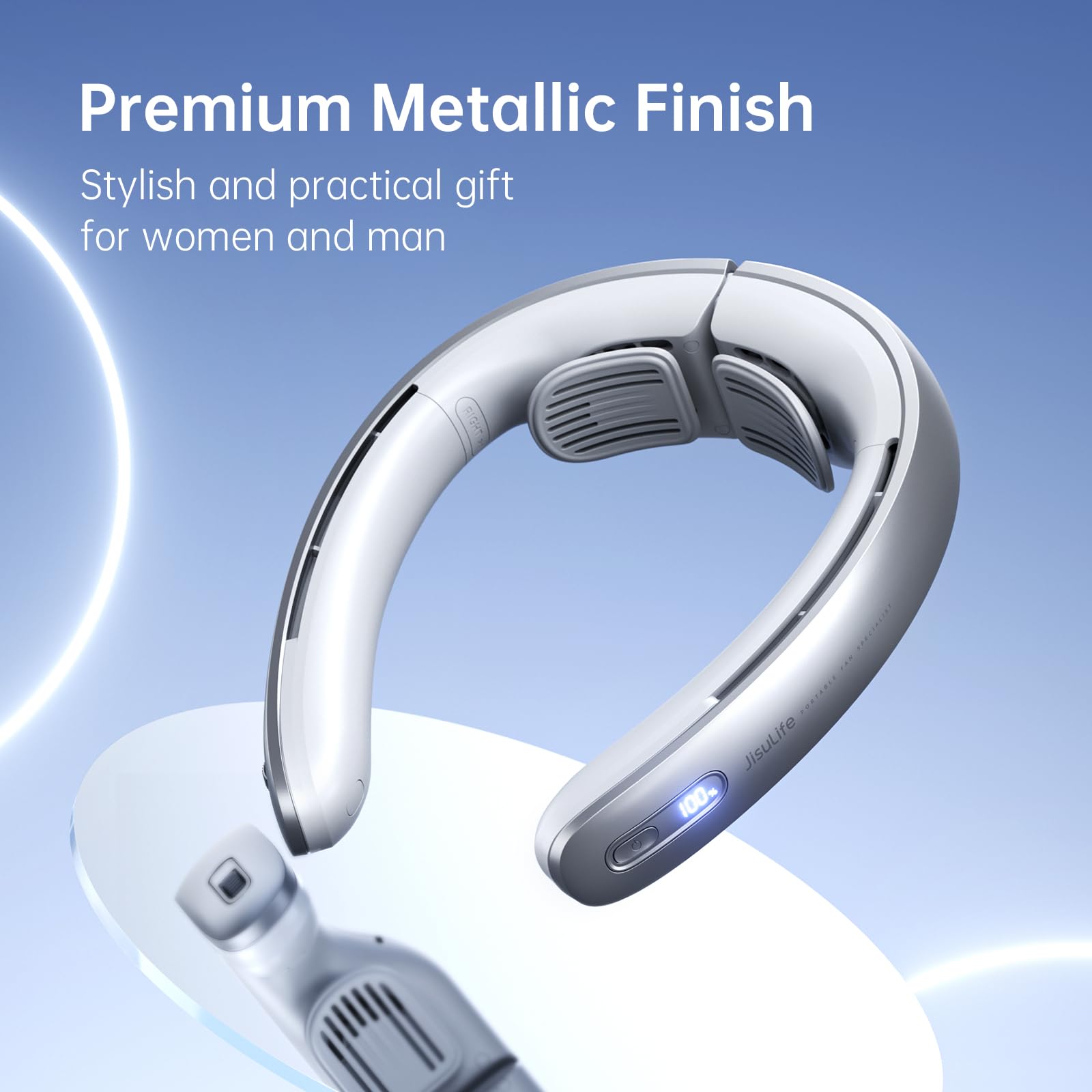 JISULIFE Portable Neck Fan, Upgraded 100 Speeds Personal Bladeless Fan Wearable with Neck Brace, LED Display, 5000mAh Rechargeable Battery Operated, Gifts for Women Men-Grey