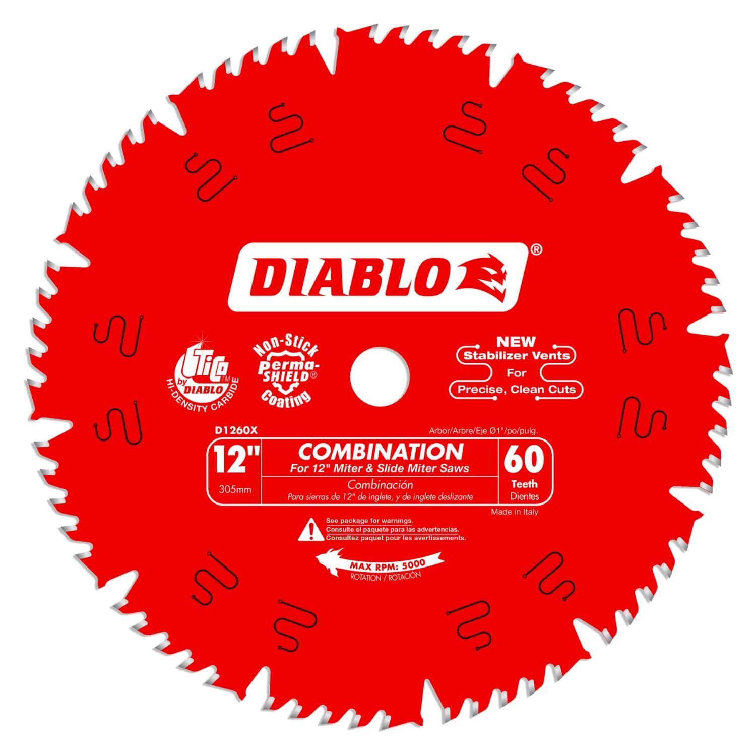 Hoja de sierra combinada Diablo para madera - 12 de diámetro, 60 dientes de peine, eje de 1, ranura de 0,118, ángulo de gancho de 15, placa de 0,071, 6000 RPM máx. - D1260X