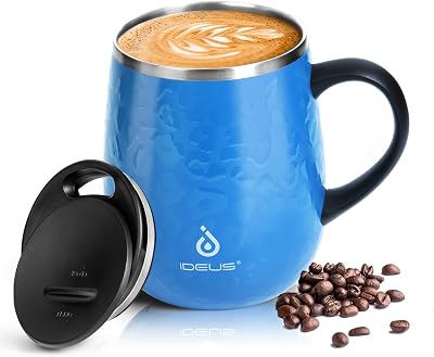 Ideus 16 oz Insulated Coffee Mug with Handle Lid Leopard Blue