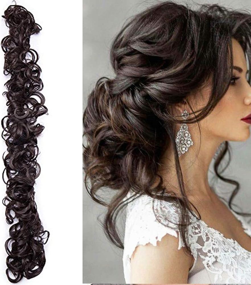Long Hair Bun Scrunchy Scrunchie Up Do Hairpiece Curly Messy Hair Ribbon Ponytail Extensions Wavy - Medium Brown
