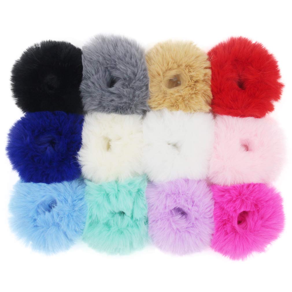 Furling Pompoms Pack of 12 Fuzzy Furry Hair Ties Faux Fur Hair Band Scrunchies Ponytail Holder Hair Ring Ponytail Holder Hair Accessories(Mix Colors)