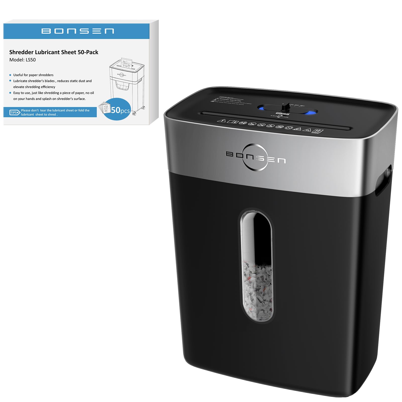 BONSEN 10-Sheet Cross Cut Paper Shredder and 50 Pack Lubricant Sheets
