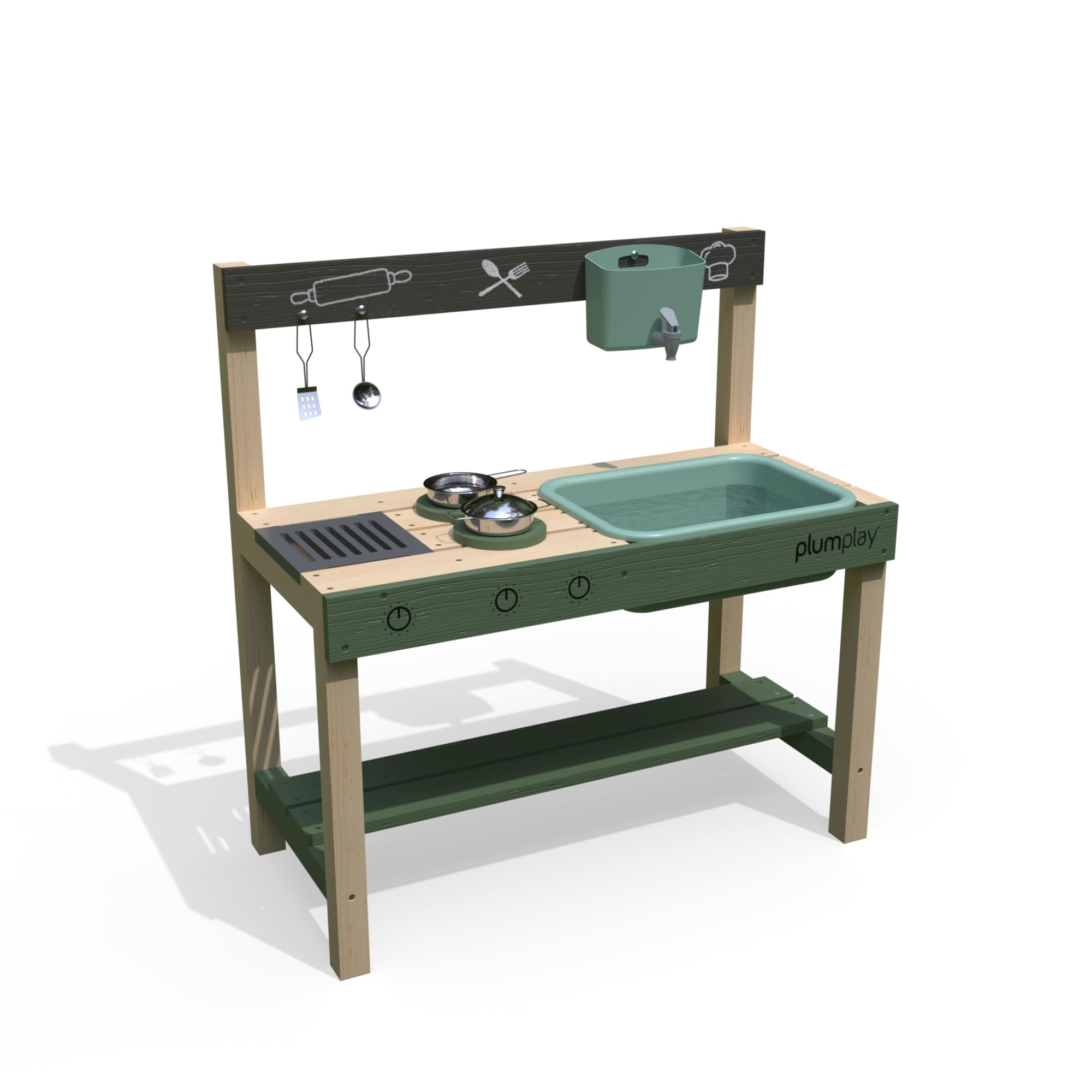 Plum Play Grubby Griddle Outdoor Discovery Mud Kitchen with Tap and Sink - Cooking utensils included - With hobs and grill
