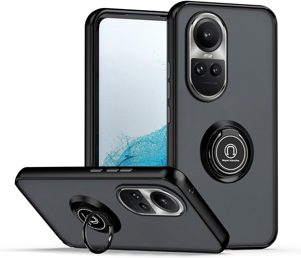 SEAHAI Case for OPPO Reno 10 5G / OPPO Reno 10 Pro 5G, Ultra Thin Hard Translucent PC Matte Back Soft TPU Silicone Dual Layer Hybrid Shockproof Cover, with Ring Holder Kickstand, Black