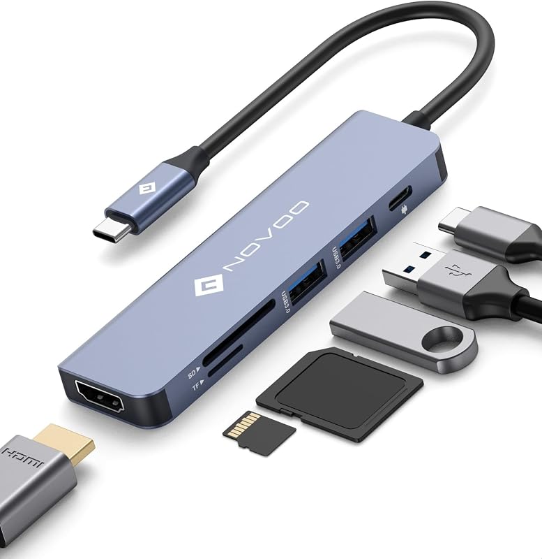Hub USB C, adaptador USB C 6 em 1 com suporte de carregamento PD de 100W, HDMI 4K, 2 USB 3.0, leitor de cartão SD/TF, adaptador multiporta para MacBook Air/Pro e outros dispositivos Tipo C