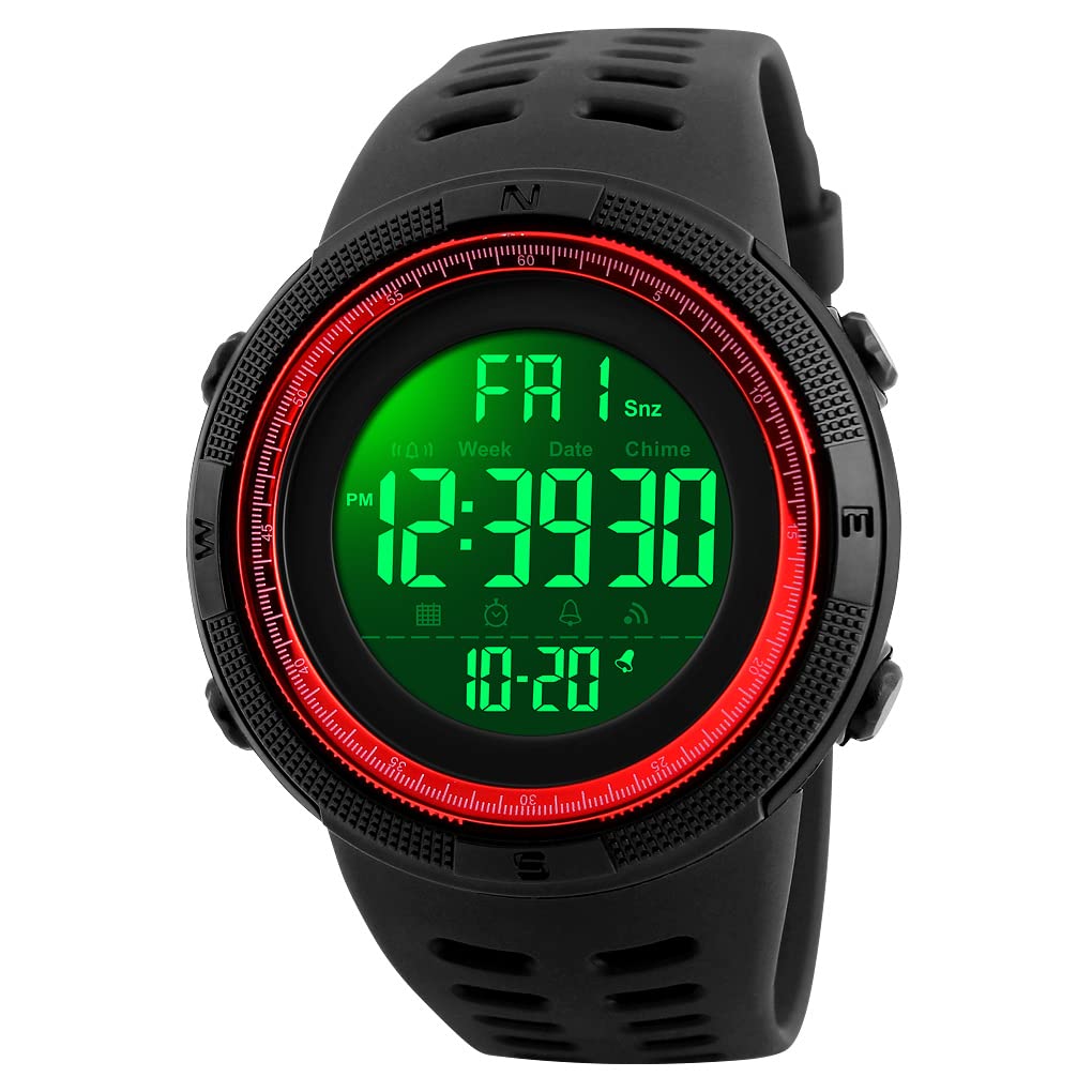 TONSHEN Men's Digital Sports Watch Waterproof 50M 164FT LED Electronic Display Outdoor 12H/24H Time Military Watch Backlight 100/1 Stopwatch Calendar Date Plastic Watch with Rubber Strap (Red)