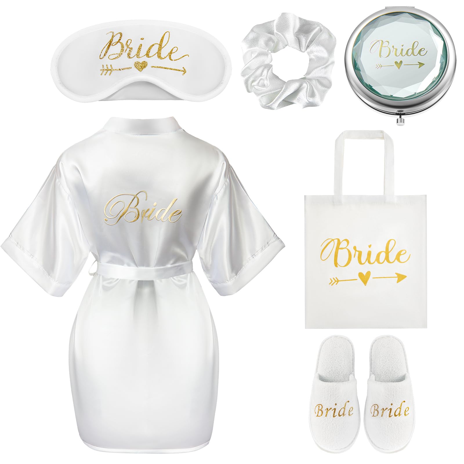 BBTO 6 Pcs Bride Gifts Bride Dressing Gown Set White Robe Canvas Bag Slippers Sleep Eye Mask Soft Hair Scrunchie Mirror and Gift Box for Wedding Proposal Bridal Shower(Noble Style,Gold)