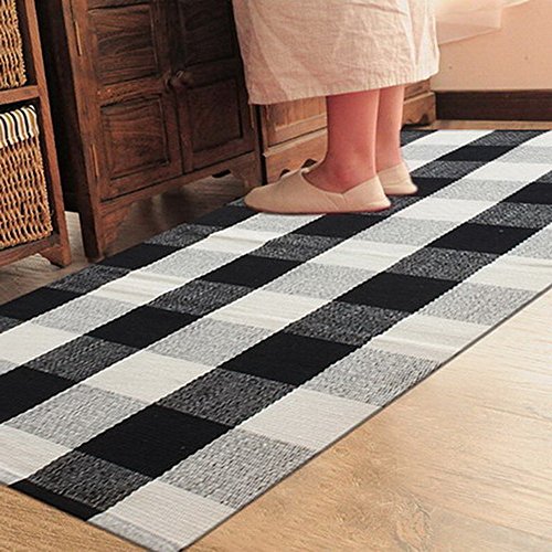 Ukeler 100% Cotton Rug Hand-woven Checkered Carpet Braided Kitchen Mat Black and White Floor Rugs Living Room Area Rug, 35.5''x59'', Black and White Plaid Rug