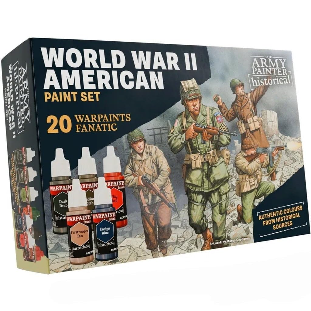 The Army Painter, Historical: WWII American Paint Set, 20 x 18 ml Warpaints Fanatic: 14 acrylic, 4 Washes, 1 Effect & 1 Metallic - Miniature Paint for U.S. Armed Forces in World War II