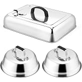 Leonyo Stainless Steel Griddle Basting Cover Dome with Vent, 3 Pack | Commercial Rectangular Cheese Melting Dome For Griddle, Round BBQ Steamer Cover Lid For Flat Top Grill, Dishwasher Safe