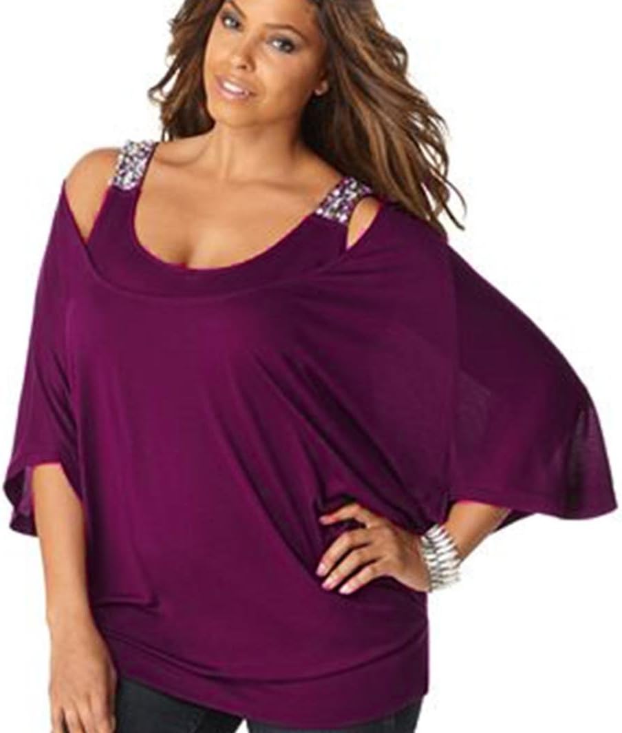 Bat Blouse, Clearance!Women Solid Off Shoulder 3/4 Sleeve Plus Size Loose Bling T Shirt Tunic Tops