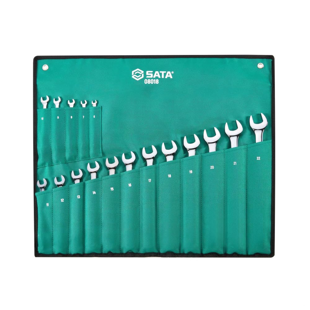 SATA ST08018-02 17-Piece Metric Combination Wrench/Spanner Set, Polished, 6mm - 22mm, with Offset Box Ends, in Durable Tool Roll