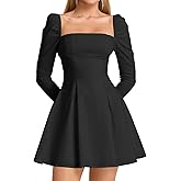 JKMNAO Women Long Sleeve Fall Mini Dress Bow Tie Party Cocktail Wedding Guest Square Neck Short Dresses