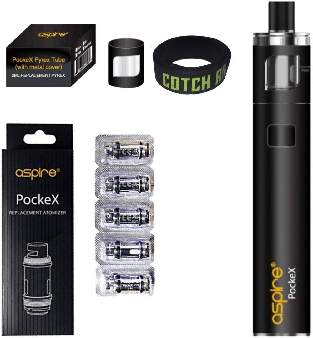 Aspire PockeX Kit + Pack of 5 0.6ohm Coils + Replacement Glass Metal Sleeve Cover Set 2ml E-Cigarette AIO Starter Vape Mod (Black)