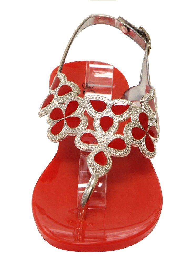 Forever Fairy-25 Women's floral golden crystal thong adjustable ankle strap summer color rubber sole sandals Red 8 - Image 4