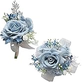 MAFELOE Wrist Corsage and Boutonniere Set Artificial Rose Flowers Accessories for Groom Bride Groomsmen Bridesmaids Wedding Party Prom Suit - Dusty Blue-2 Pieces