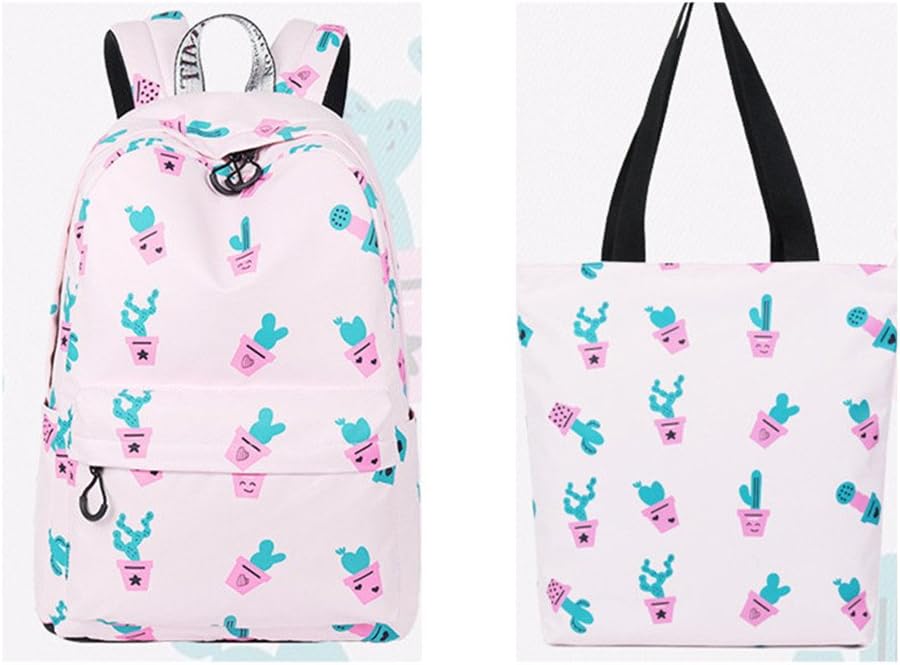 Winnerbag Cute Waterproof Women Backpack Cactus Pattern Printing Large Capacity Girls College Bookbags Pink set 15 Inches