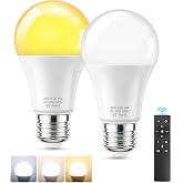 A19 LED Remote Control Light Bulbs, 700LM 9W E26/E27 60 Watt Equivalent | 3000K-6500K Stepless Dimmable Warm Light Bulbs, 100V-240V AC, CRI 80+, 30000+ Hours Lifespan (1 Remote, 2 Bulb)