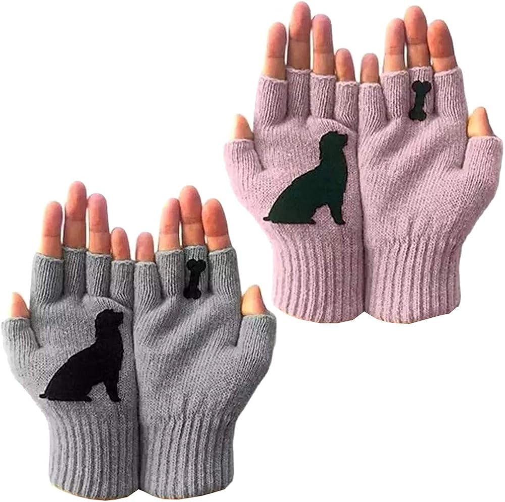 Fingerless Gloves For Women Winter, Cute Puppy Printed Warm Knitted