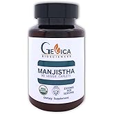 GeVica Biosciences USDA Organic Manjistha (Madder Root) – 1500 mg per Serving (750 mg Vegan Caplets) – Ayurvedic Herbal Supplement – Whole Root Powder – No Extract, No Fillers – 90 Count