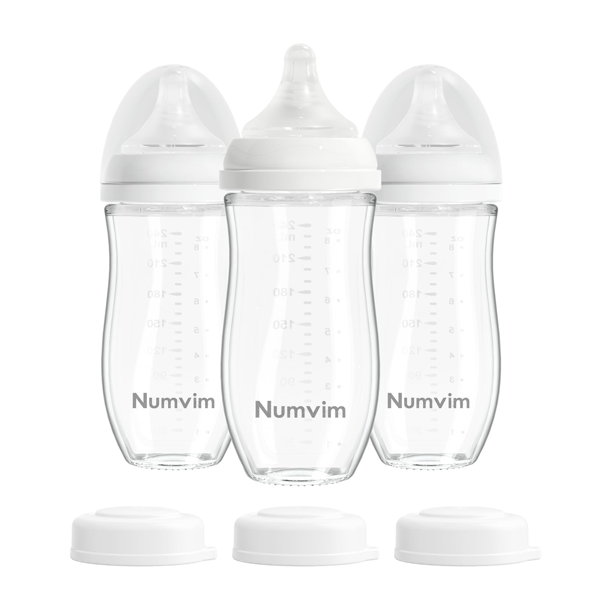 Photo 1 of Numvim Natural Glass Baby Bottles Gentle & Extra Slow Flow, Newborn Breastfeeding Bottle with Anti Colic Nipple for 0 Months Babies, 3 Packs (White (8 Ounce), 1 Count (Pack of 3))