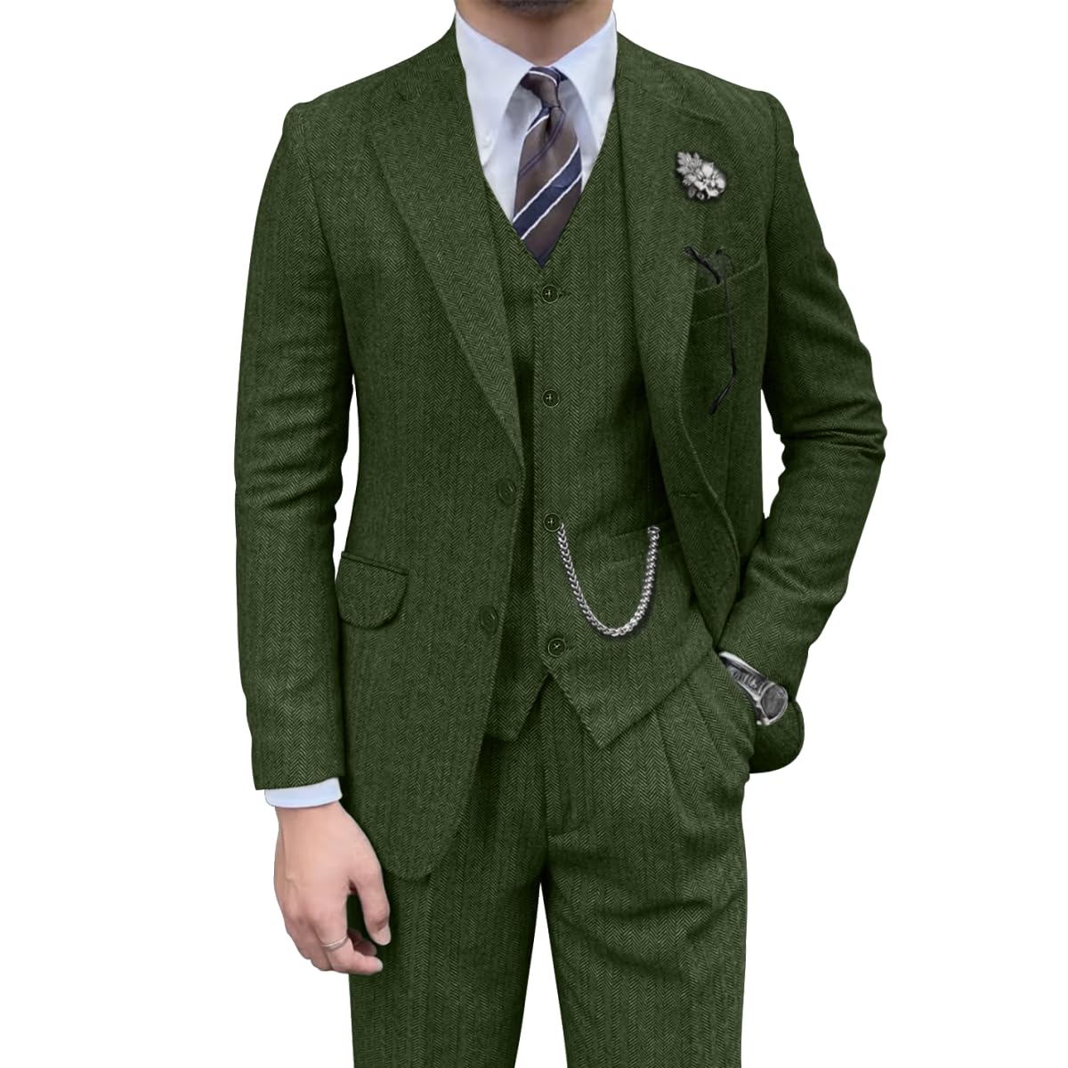 Photo 1 of Men Suits Retro Tweed Set Herringbone Casual 3 Pieces Wedding Party Suit Set Prom Formal Tuxedo Wool Blend Slim Fit Blazer Sets Green XXXL