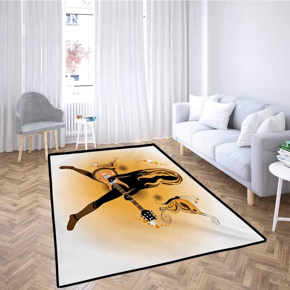 Popstar Party Living Room Rug Mat Girl Silhouette with Hairstyle and Butterflies Playing Guitar Children Play Rugs Orange Brown Dark Brown 3x5 Feet