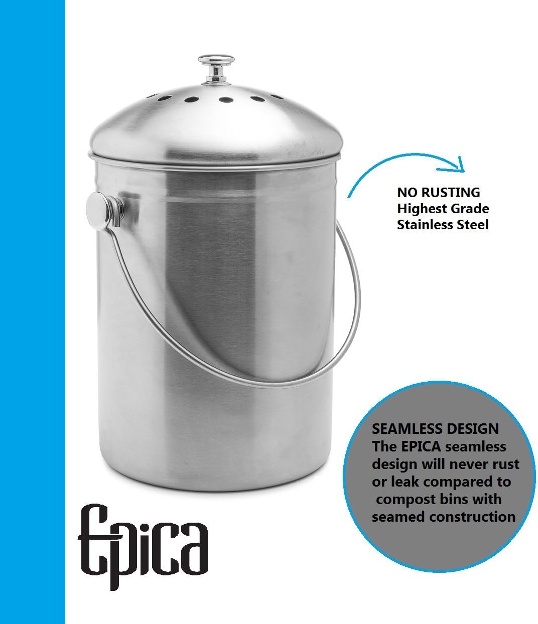EPICA Stainless Steel Compost Bin 1.3 Gallon-Includes Charcoal Filter: Home & Kitchen