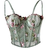 MakeMeChic Women's Floral Mesh Corset Sheer Top Spaghetti Strap Going Out Tops