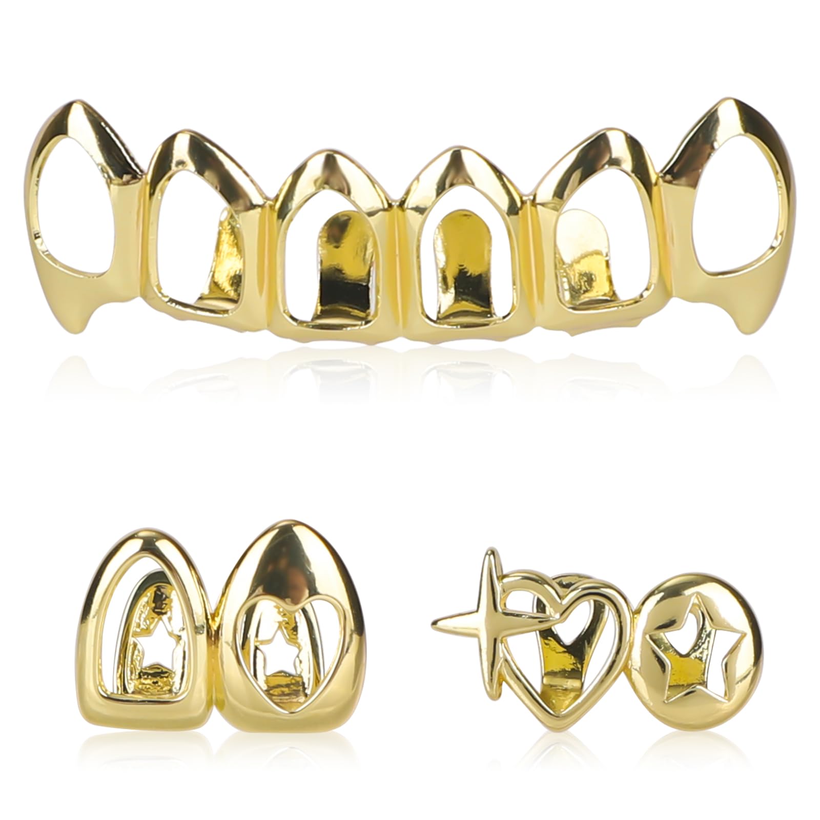 Mikovivi 3pcs Gold Grillz Set, Hip Hop Teeth Jewelry Gold Plating Dental Caps for Top & Bottom Removable Fake Grills for Women Men Halloween Party Cosplay Fashion Gift