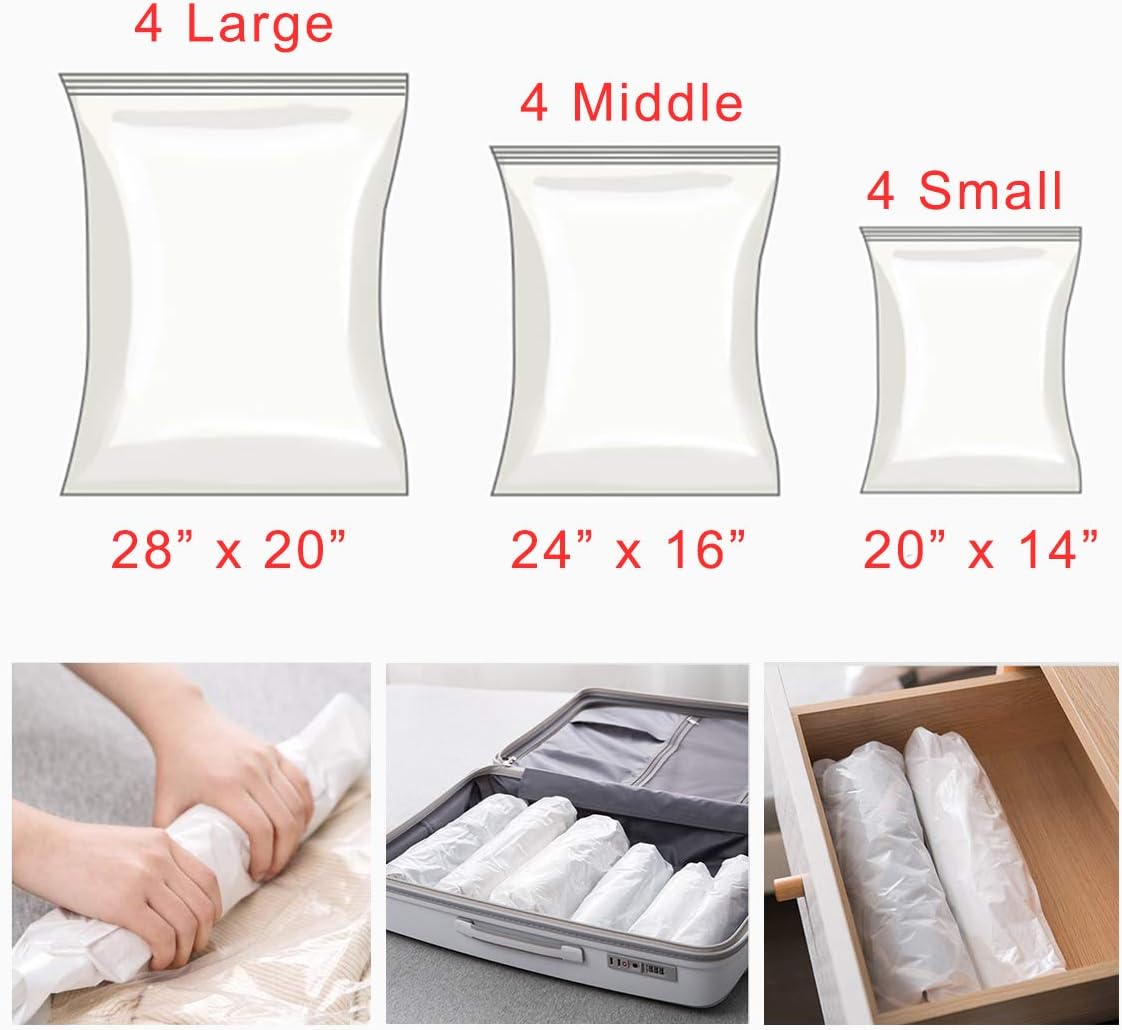 UrsoKuz Space Saver Storage Bags, Airtight Travel Storage Rolling Compression Bags, No Vacuum Ziplock Sacks, for Clothes Pillow Towels Saving, 12 Pack(Small, Medium, Large)