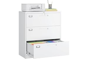 MIIIKO 3 Drawer Lateral File Cabinet with Lock, White Lateral Filing Cabinet, Large Deep Drawers Locked by Keys, Metal Storage File Cabinet for Hanging Files Letter/Legal/F4/A4 Size