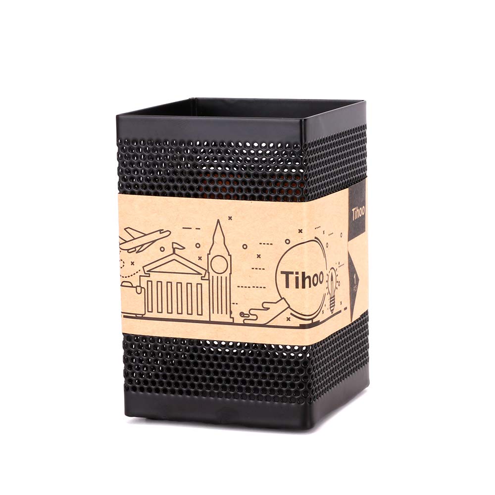 Tihoo Pen Holder for Desk, Metal Pencil holder for Office desk, Square Wire Mesh Pen Cup Organizer Stand, Simple Modern Design, Black