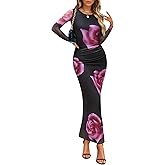 ZESICA Women's Long Sleeve Floral Maxi Dresses 2026 Fall Bodycon Crewneck Side Slit Ruched Fitted Party Long Dress