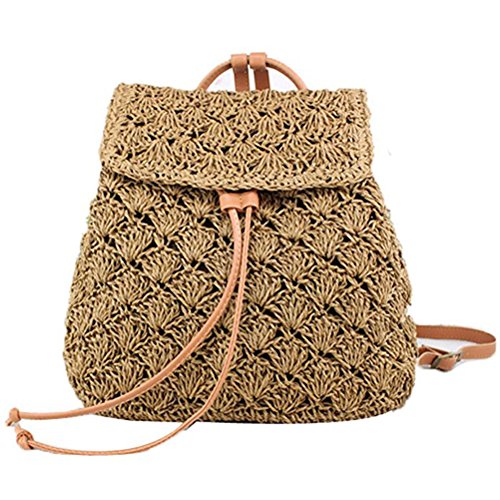 Women Straw Backpack Bag Corn Husk Woven Beach Bag String Bag Kaki