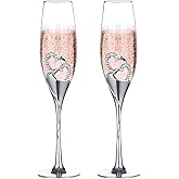 Creative Heart Set with Diamonds Champagne Flutes - Wedding Glasses for Bride & Groom - Toasting Cups Gift Sets for Couples - Engagement, Wedding, Anniversary, House Warming, Hostess Gift (Silver)