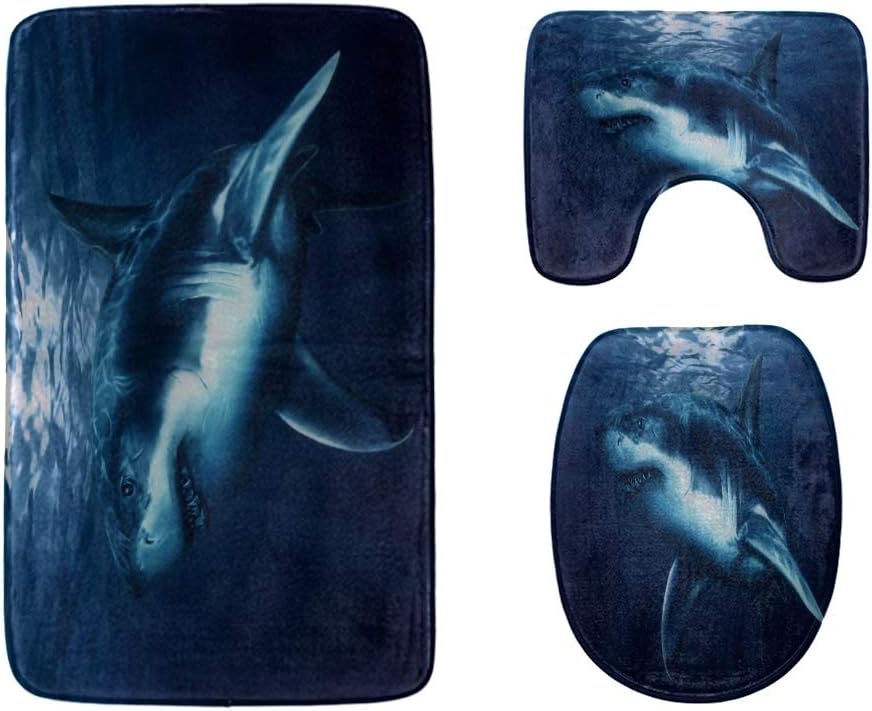 Fierce Great White Shark Bathroom Rug Mats Set 3-Piece,Soft Shower Bath Rugs,Contour Mat and Toilet Seat Lid Cover Non-Slip Machine Washable Flannel Toilet Rugs
