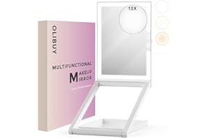 OLIBUY Makeup Mirror with Lights, 7.5" L x 5.7" W Portable Travel Mirror with 10X Magnifying Mirror, 3 Color Lighting Rechargeable Lighted Folding Mirror, Base Storage, Adjustable Height
