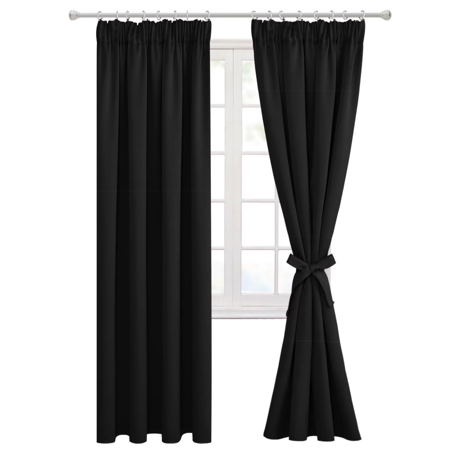 Hiasan Pencil Pleat Blackout Thermal Insulated Curtains, Bedroom and Living Room with Tiebacks, Energy Saving and Noise Reducing, 2 Panels, 55 x 79 Inch, Black — image 1